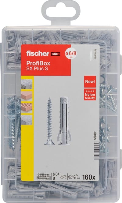 fischer ProfiBox – Plug SX Plus 6, 8 en 10 met schroeven | 210 stuks in stevige opbergbox