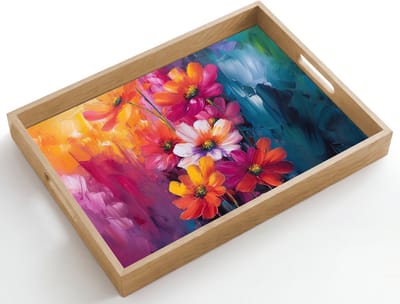 Dienblad hout 50x35 cm - Schootdienblad - Felle bloemen - Dynamisch - Levendig - Borrelplank rechthoek - Plateau dienbladen