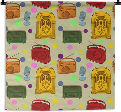 Wandkleed - Wanddoek - Vintage - Radio - Microfoon - Patroon - 180x180 cm - Wandtapijt
