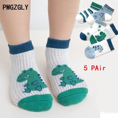 5 paar/partij schattige kindersokken voor meisjes jongens katoenen effen prinses kindersokken casual zomer mesh dunne bloem cartoon sokken 6-9Years gray