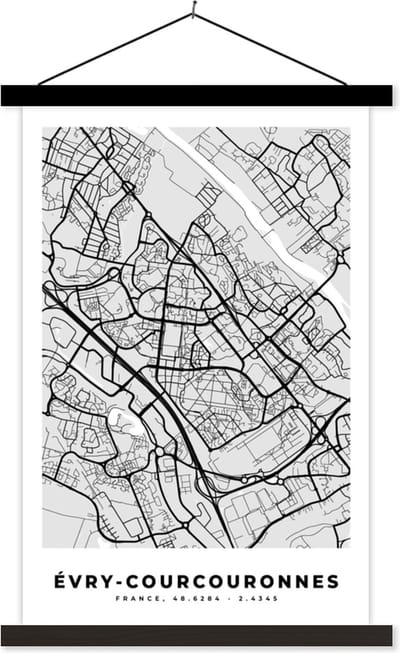 Posterhanger incl. Poster 40x60 cm - Schoolplaat - Stadskaart - Frankrijk - Kaart - Évry-Courcouronnes - Plattegrond - Textielposter - Zwarte latten - Stadskaart