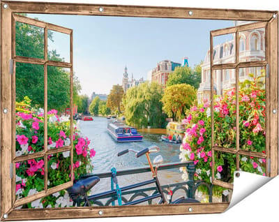 Gards Tuinposter Doorkijk Amsterdamse Kanaal met Bloemen - 120x80 cm - Tuindoek - Tuindecoratie - Wanddecoratie buiten - Tuinschilderij