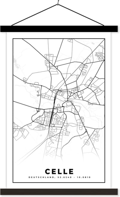 Posterhanger incl. Poster 40x60 cm - Schoolplaat - Plattegrond - Stadskaart - Celle - Kaart - Textielposter - Zwarte latten - Stadskaart