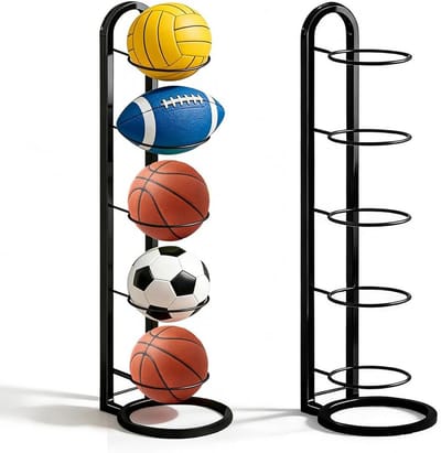 Balstandaard met 5 Niveaus - Ballenopbergrek - Sportuitrusting Organiseren - Verstelbare Houders - 115 cm Hoog - Zwart