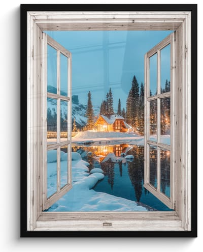 Poster in lijst - Fotolijst 50x70 cm - Posters - Doorkijk - Winterlandschap - Natuur - Huis - Bergen - Posterlijst zwart - Decoratie - Wanddecoratie woonkamer - Muurdecoratie slaapkamer