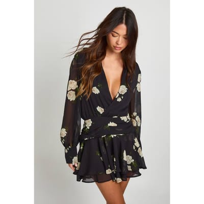 boohoo Dames Mini-jurk met bloemenprint en geplooide voorkant | Zwart | Maat: 36