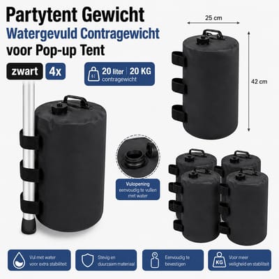 4 Stuks 20L-20KG Partytent Pop-up tent Paviljoen Contra Gewichten Watergevuld 20 Liter / 20 KG Contragewicht – Set van 4-zwart
