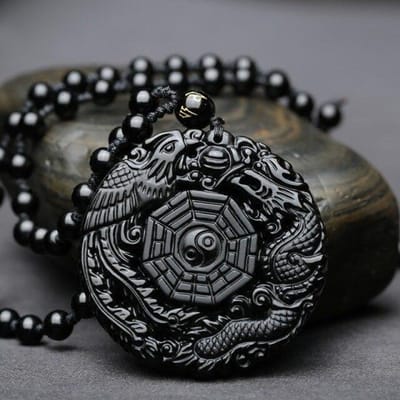 Natuurlijke Zwarte Obsidiaan Hanger Taichi Draak Feniks Acht Trigrammen Yin Yang Ketting Amulet Vrede Mascotte Voor Mannen /Vrouwen gray