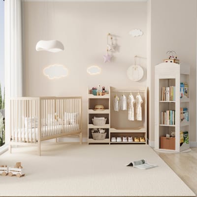 HAUSS SPOLE Kinderkamer Meubelset - Meegroeibed Met Kast En Draaibare Boekenkast - Natuurlijk Houtlook - 140x60x90 Cm