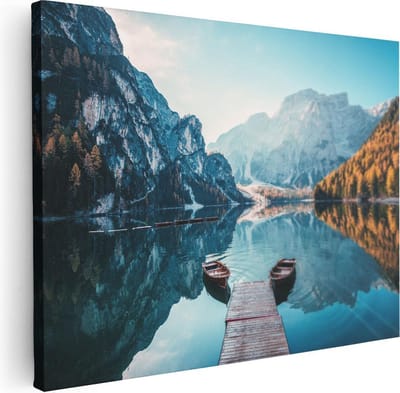 Artaza Canvas Schilderij Landschap - 40x30 cm - Klein - Wanddecoratie Bergen - Muurdecoratie Boot - Kamer Accessoires Herfst