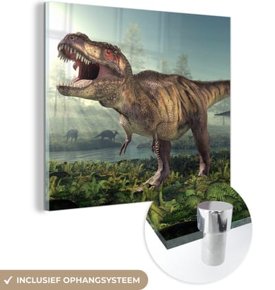 MuchoWow® Glasschilderij 90x90 cm - Schilderij acrylglas - Dino - Gras - Tekening - Kinderen - Jongens - Foto op glas - Schilderijen