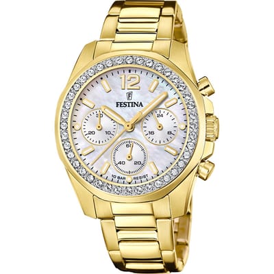 Festina F20609/1 Dames Horloge - Chronograaf - Mineraalglas - Roestvrijstaal/Staal - Ø 38 mm - Quartz - Vouw/Vlindersluiting - 10 ATM (zwemmen)