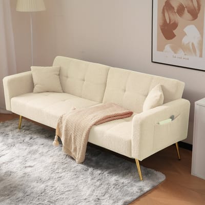 MODFU Slaapbank - Verstelbare Rugleuning En Zijvakken - Elegant - Sherpa - Beige - 175 X 64 X 72 Cm