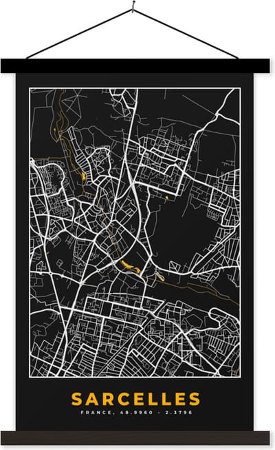 Posterhanger incl. Poster 40x60 cm - Schoolplaat - Stadskaart – Frankrijk – Kaart – Sarcelles – Plattegrond - Textielposter - Zwarte latten - Stadskaart