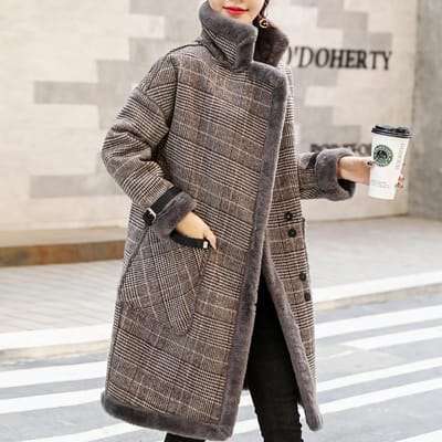 Herfst- en winterjas voor dames van middellange lengte met imitatielamsbont, klein geruite wollen jas S gray
