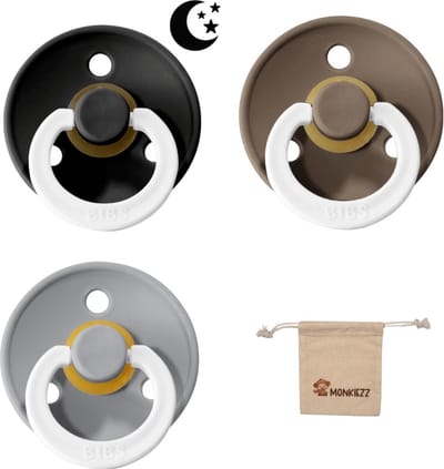 BIBS Fopspenen - Maat 1 0-6 maanden - Latex – Glow in the dark Black – Dark Oak– Cloud