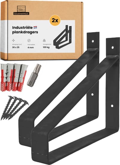 GoudmetHout® Industriële Plankdragers XL - 30 cm - Stalen Plankdrager voor Wandschap, Muurrek of Wandconsole - Max 100 kg - 2 Stuks - Mat Blank