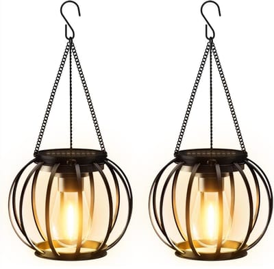 TOVBMUP Hangende buitenzonnelampen - 2-pack - Metalen zonnelantaarns geschikt voor buiten - met grote ledlampen - IP65 waterdicht - Decoratieve tuinverlichting - met haak en ketting - Geschikt voor patio's, gazons, balkons en tuinen