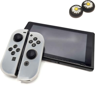 Gadgetpoint - Hoesjes & Skins + Thumb Grips voor Nintendo Switch 1 - Performance Gaming Case - Soft Grip Covers - Anti-Slip Joy-Con Controller Accessoires - Transparant + Bloemetjes Zwart met Wit