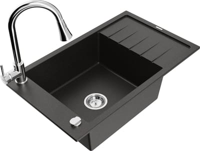 Mexen Elias granieten spoelbak 1-komors met afdruipplaat en keukenmengkraan Elia, zwart/goud metallic - 6511-75-670101-00