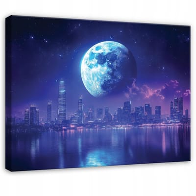 WALLARENA - Schilderij op canvas - 100x70 cm - Stadsbeeld maan nacht panorama - Geschikt voor slaapkamer en woonkamer