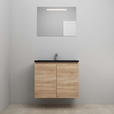 On-Line Badkamermeubelset - 80 cm - Bouwpakket - Greeploze Ladestructuur - Acryl Wastafel - 1 Kraangat - Spiegel met LED-Verlichting - Eiken