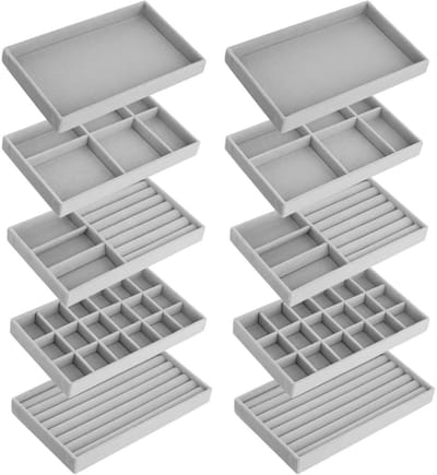 GELLDG 10 Stuks Sieradenbakjes - Stapelbare Schubladenset - 21x12,5x2,5cm - Met Verstelbare Tussenschotten - Geschikt voor Halskettingen, Armbanden, Ringen en Oorbellen - Kunststof Organizer