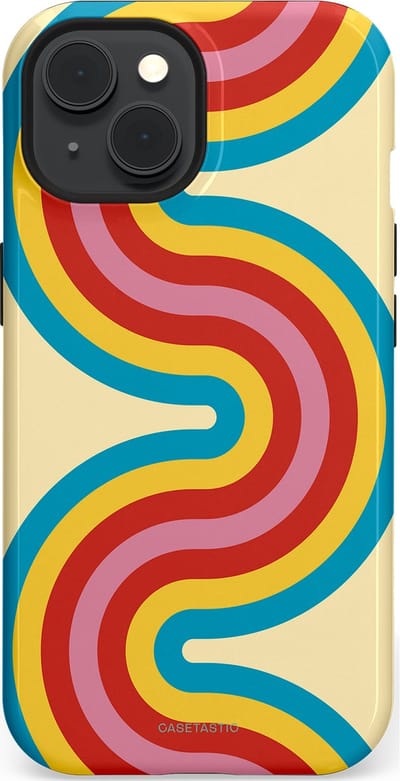 Casetastic hoesje geschikt voor Apple iPhone 15 - MagSafe - Dubbellaagse bescherming - Retro kronkels - Fashion Case - Crème Lichtblauw Goud Rood