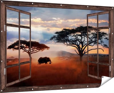 Gards Tuinposter Doorkijk Olifant in het Wild - Savanne - 180x120 cm - Tuindoek - Tuindecoratie - Wanddecoratie buiten - Tuinschilderij