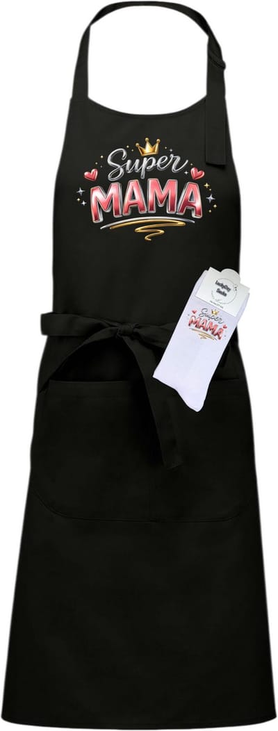 Keukenschort en sokken met tekst - Super Mama - Moederdag cadeau - Zwart - Verstelbaar - Cadeau idee - Verjaardag - Cadeau dames en heren - Jubileum - Afscheid - Verrassing - Grappig cadeau - Onesize