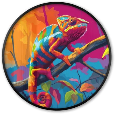 Poster in lijst Rond - Fotolijst 60x60 cm - Posters - Kameleon - Tak - Gestreept - Bladeren - Ronde posterlijst zwart - Decoratie - Wanddecoratie woonkamer - Muurdecoratie slaapkamer