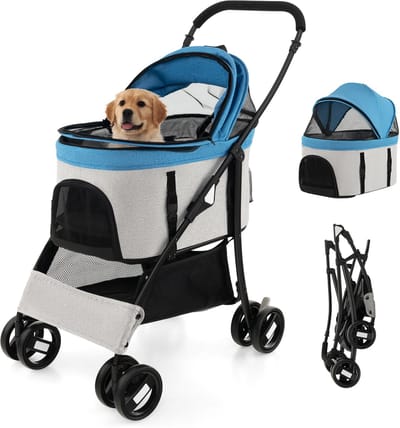 COSTWAY 3-in-1 hondenwagen, hondenbuggy inklapbaar, tot 15 kg, huisdierwagen met gaasvenster, verstelbare luifel, afneembare drager en mand, huisdierbuggy voor kleine honden en katten, blauw