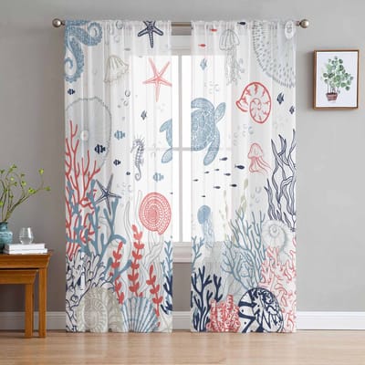 Zomer Zee Koraal Zeeschildpad Transparante Gordijnen voor Woonkamer Decoratie Raamgordijnen voor Keuken Tule Voile Organza Gordijnen W135 x H137cm x1