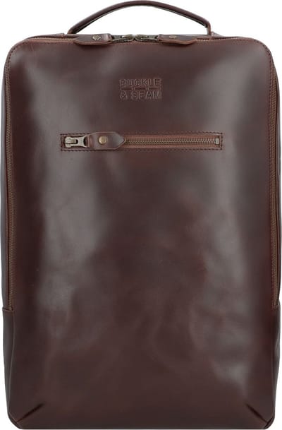 BUCKLE & SEAM Leren Laptop rugzak Rugzak met laptopvak Leon Blu Leather Backpack 13,5L Brown Donkerbruin