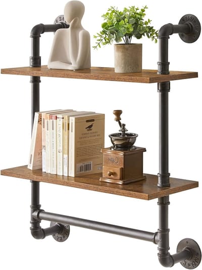 Industriële 2-laags wandplanken van pijp, rustieke opbergplanken, zwevende boekenplanken voor woonkamer, keuken en badkamer