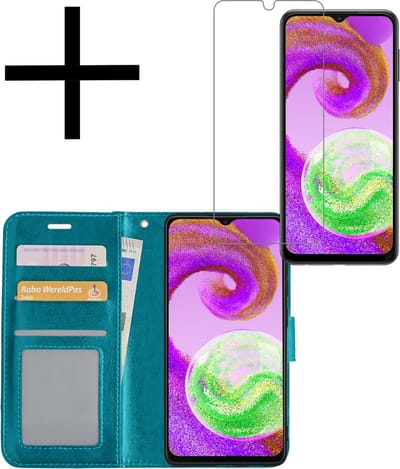 Hoesje - Met Screenprotector - Geschikt voor Samsung Galaxy A04s - Luxe Pasjeshouder - Bookcase Portemonee - Flip Case - Kunstleer Book Case - Flipcase - Book Cover - Walletcase - Portemonneehoes - Turquoise