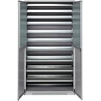 Schäfer Shop Genius tijdschriftenkast FS, 5 OH, afsluitbaar, 10 legborden, 2 geperforeerde legborden, tot 450 kg, B 1055 x D 520 x H 1950 mm, blank aluminium/wit aluminium