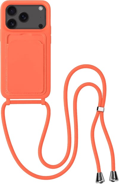 Hoes Geschikt voor iPhone 17 Pro / 18 Pro Hoesje Pas Houder Case Hoes Met Koord - Hoesje Geschikt voor iPhone 17 Pro / 18 Pro Hoes Met Telefoonkoord Pasjeshouder Cover - Papaya