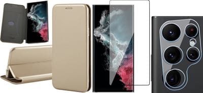 Hoesje geschikt voor Samsung Galaxy S22 Ultra - Book Case Kunstlederen Wallet Cover Minimalistisch Pasjeshouder Hoes Goud - Full Tempered Glass Screenprotector - Camera Lens Protector