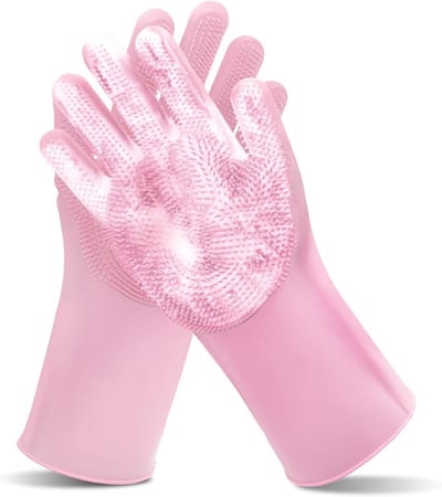 Daity 1 paar handschoenen voor huisdierverzorging - hittebestendige siliconen handschoenen met een dicht geribbeld ontwerp en vijf verlengde vingers, geschikt voor het wassen en masseren van katten en honden (roze).