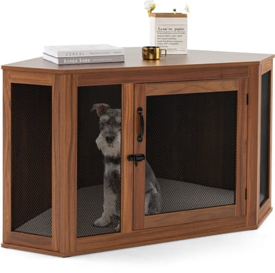 COSTWAY Hondenhok, hondenbox met deur en kussens, huisdierkist, meubelstijl voor kleine honden, katten, huisdieren, dierenkooi, hondenkooi, hondenhuisdier, huisdier, thuis, bruin, 114 x 60 x 68 cm