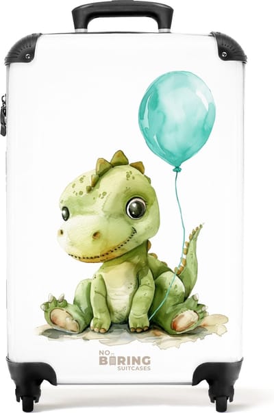 NoBoringSuitcases.com® - Kinderkoffer jongen - Kindertrolley jongens - Dino met blauwe ballon - Handbagage koffer lichtgewicht - Reiskoffer trolley kinderen - Rolkoffer met wieltjes - Past binnen 55x40x20 en 55x35x25