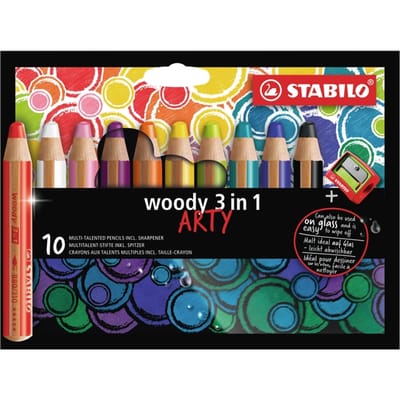 STABILO woody 3 in 1 - Multi Talent Kleurpotloden - ARTY - Etui Met 10 Kleuren & Puntenslijper