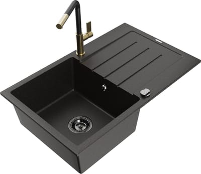 Mexen Bruno granieten gootsteen 1-komorige met afdruiprek en keukenmengkraan Flora, zwart/goud metallic - 6513-75-670401-57-B