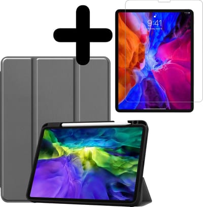 Hoesje - Geschikt voor Apple iPad Pro (2020) - 11 inch - Met Screenprotector - Trifold Bookcase Hoes - Hard Cover Case - Met Uitsparing Geschikt voor Apple Pencil - Hardcover Book - Tablethoes - Grijs