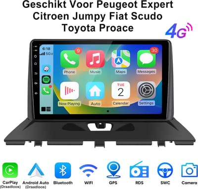 Junsun V4 Pro 9 Inch Android 15 Auto Radio - 6GB RAM 128GB - Geschikt voor Peugeot Expert (2007-2016) - Draadloze CarPlay & Andriod Auto, DAB+, GPS-navigatiesysteem, Bluetooth, Stuurwielbediening, WiFi, 9-inch Touchscreen, DSP, Octa-core processor