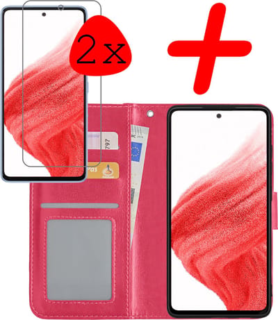 Hoesje Met 2x Screenprotector - Geschikt voor Samsung Galaxy A53 - Luxe Pasjeshouder - Bookcase Portemonee - Flip Case - Kunstleer Book Case - Flipcase Hoes - Book Cover - Walletcase - Portemonneehoes - Donkerroze