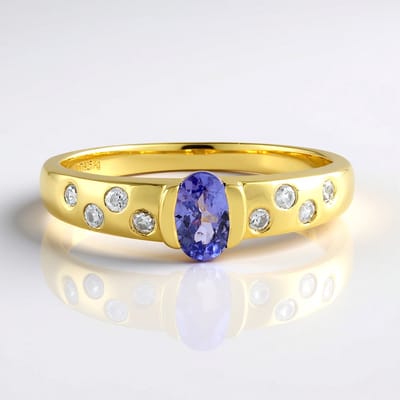 Cavill - Zilveren ring verguld 925 Sterling - 0,435 ct ovale Tanzaniet uit Tanzania met 8 fonkelende zirkonia - Elegante damesring maat 18 19 20
