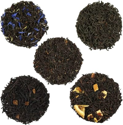 Proefpakket Zwarte Thee – 5 x 15g Losse Thee – English Breakfast, Korenbloem, Vanille, Sinaasappel & Assam 2nd Flush