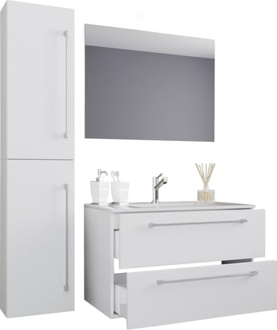 VCM 4-tlg. Waschplatz Waschtisch | Waschbecken Unterschrank Breite 80 cm | Badmöbel Set mit Schubladen Drehtüren Spiegel | Badinos